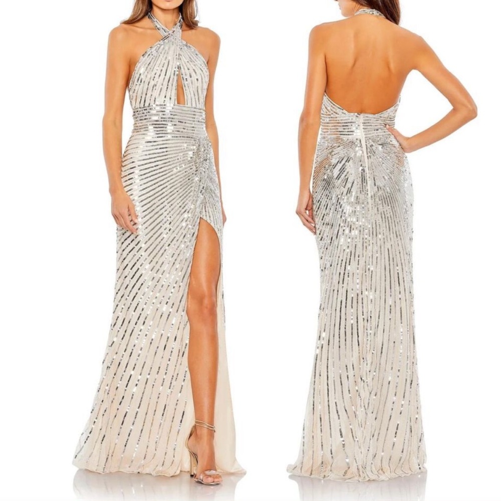 MAC DUGGAL Embellished Keyhole Halter Strap Draped Gown Size 6 Maxi Dress